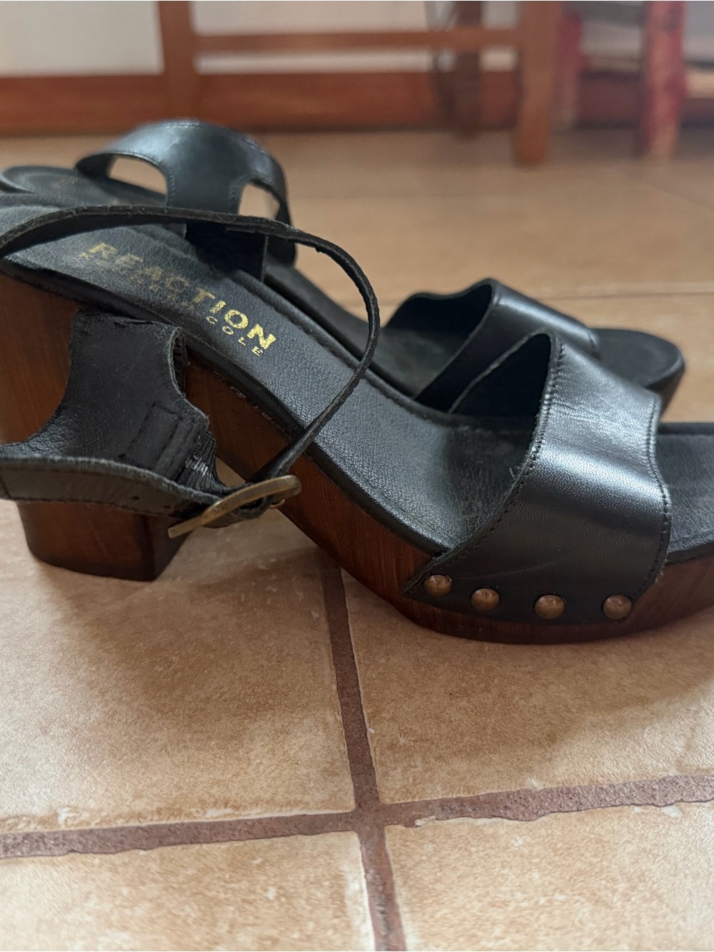 Kenneth Cole Black Leather Platform Sandals with Wood Block Heel